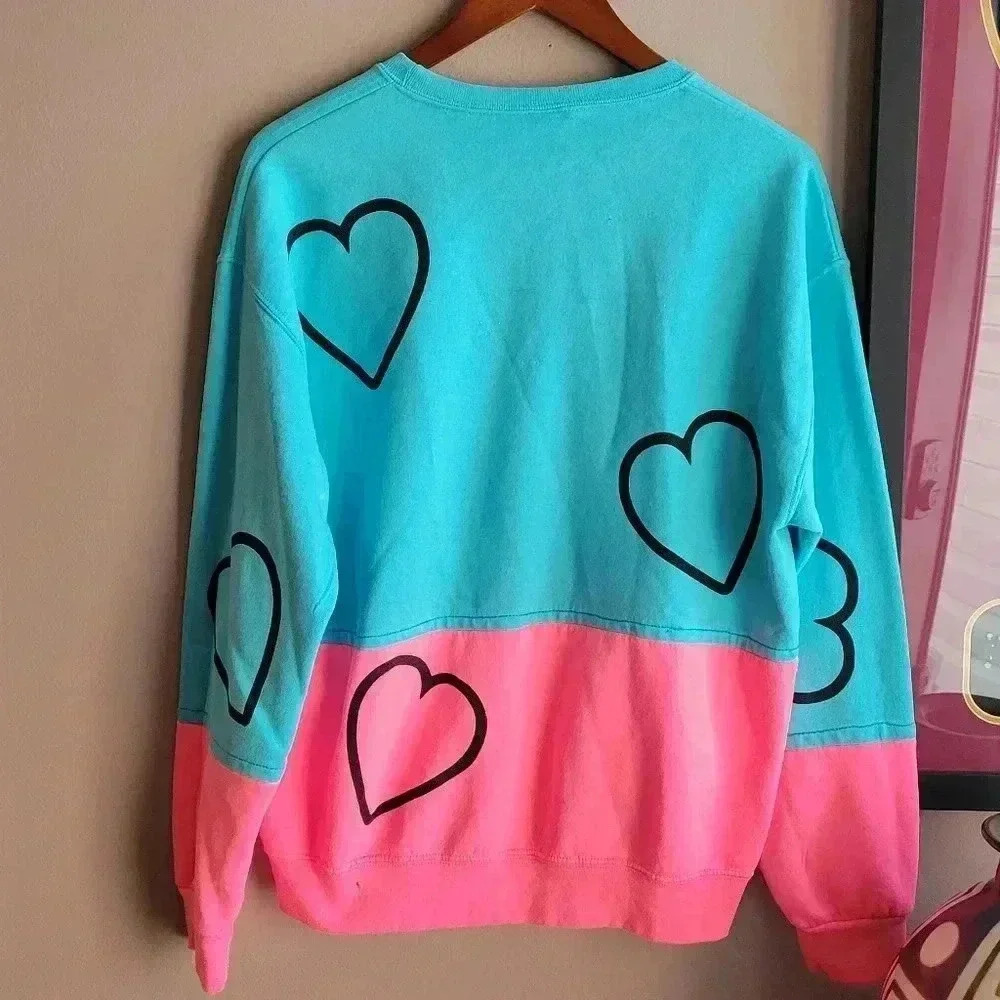 Women's Sweatshirt Pink/ Light Blue Medium "SNEAKER ADDICT" Retro Style Hearts - Picture 4 of 10